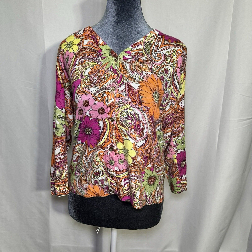 Talbots Women's Multicolor Paisley Floral Print 3/4 Sleeve Button Cardigan M